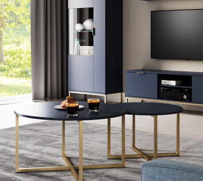 Tavolino da caffè rotondo moderno base in metallo dorato piano blu cm 60x39h