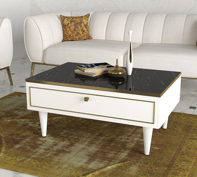 tavolino basso da salotto stile classico in legno bianco e oro top in marmo nero lucido