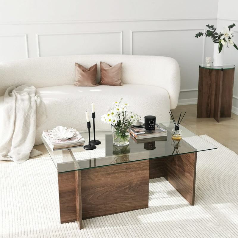 Tavolino basso da salotto in base colore noce piano in vetro trasparente cm 105x65x40h