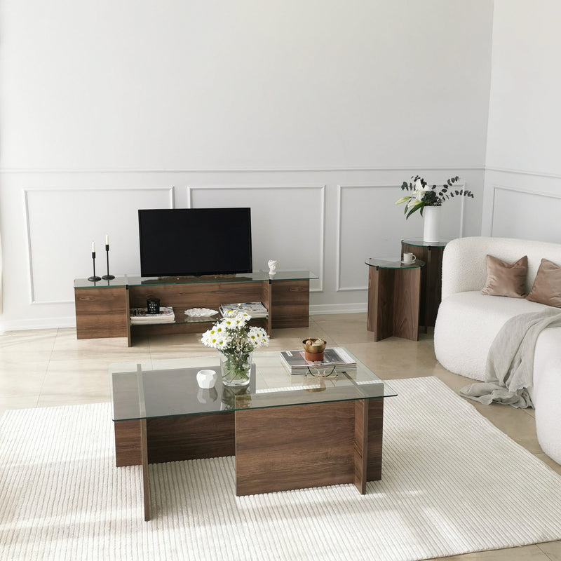 Tavolino basso da salotto in base colore noce piano in vetro trasparente cm 105x65x40h