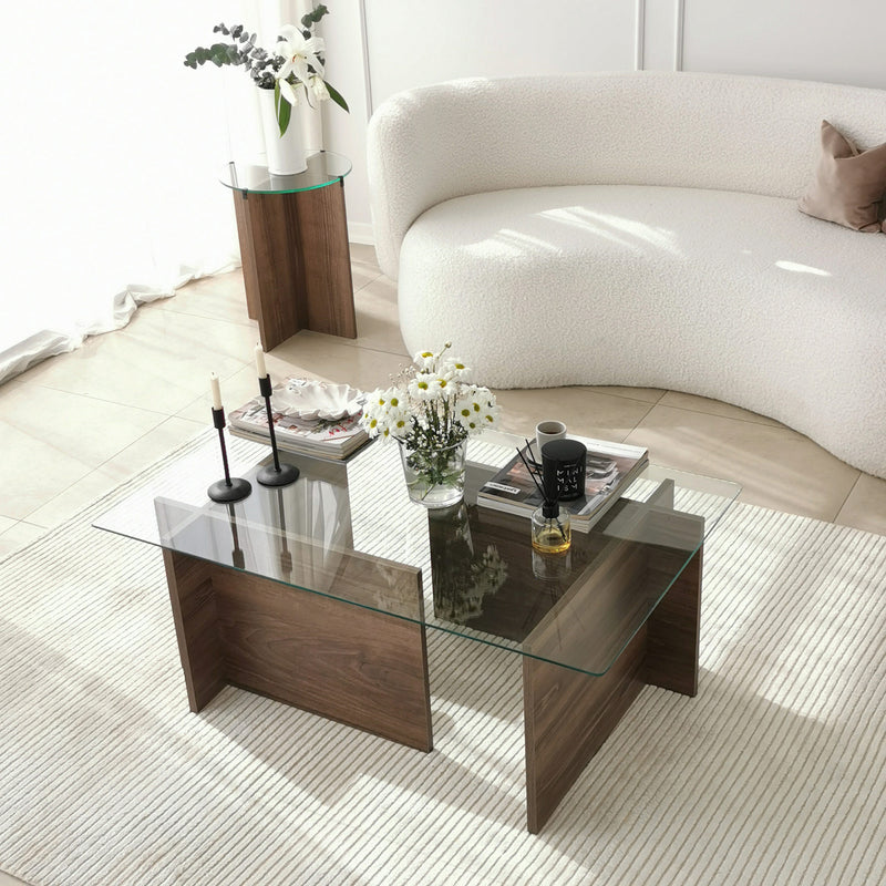 Tavolino basso da salotto in base colore noce piano in vetro trasparente cm 105x65x40h