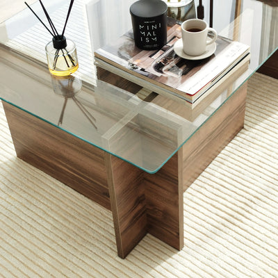 Tavolino basso da salotto in base colore noce piano in vetro trasparente cm 105x65x40h