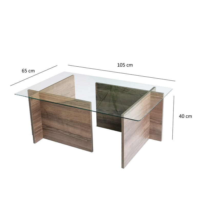Tavolino basso da salotto in base colore noce piano in vetro trasparente cm 105x65x40h