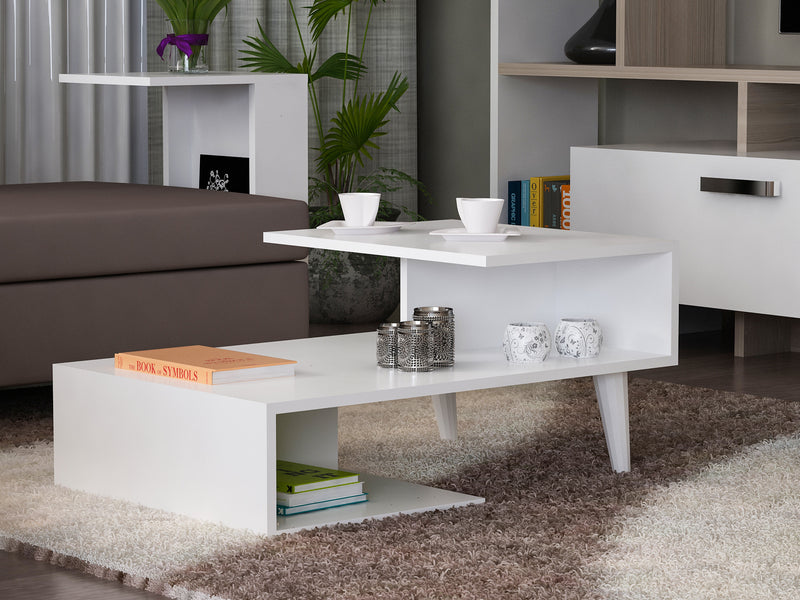 tavolino design struttura geometrica in legno bianco