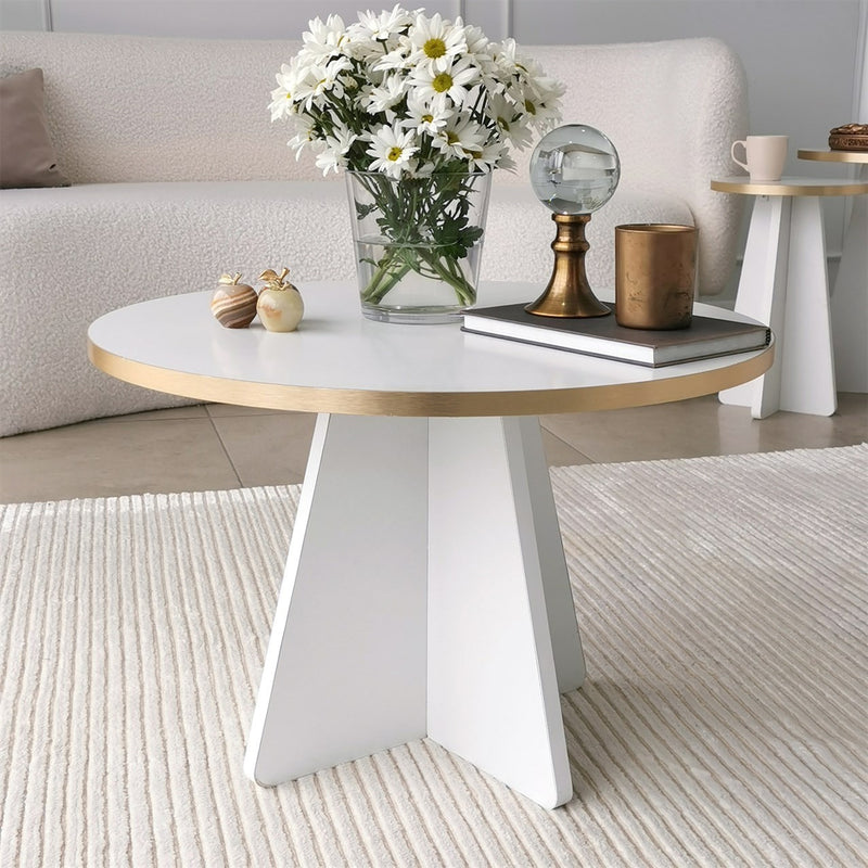 tavolino basso rotondo in legno colore bianco con bordino dorato