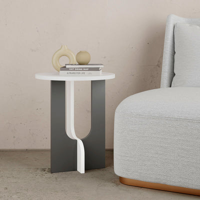 Tavolino design rotondo basso in legno bicolore bianco e antracite cm 40x47h