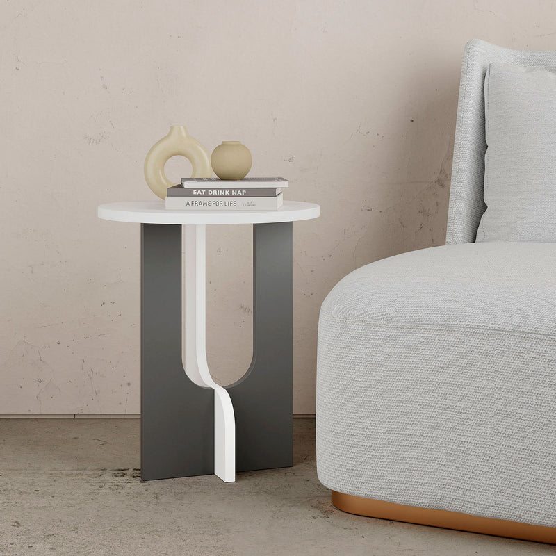 Tavolino design rotondo basso in legno bicolore bianco e antracite cm 40x47h