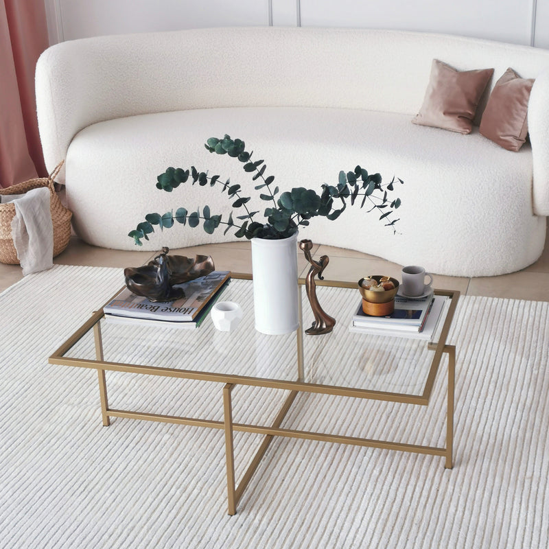 Tavolino design rettangolare basso in metallo dorato e vetro cm 94x64x35h