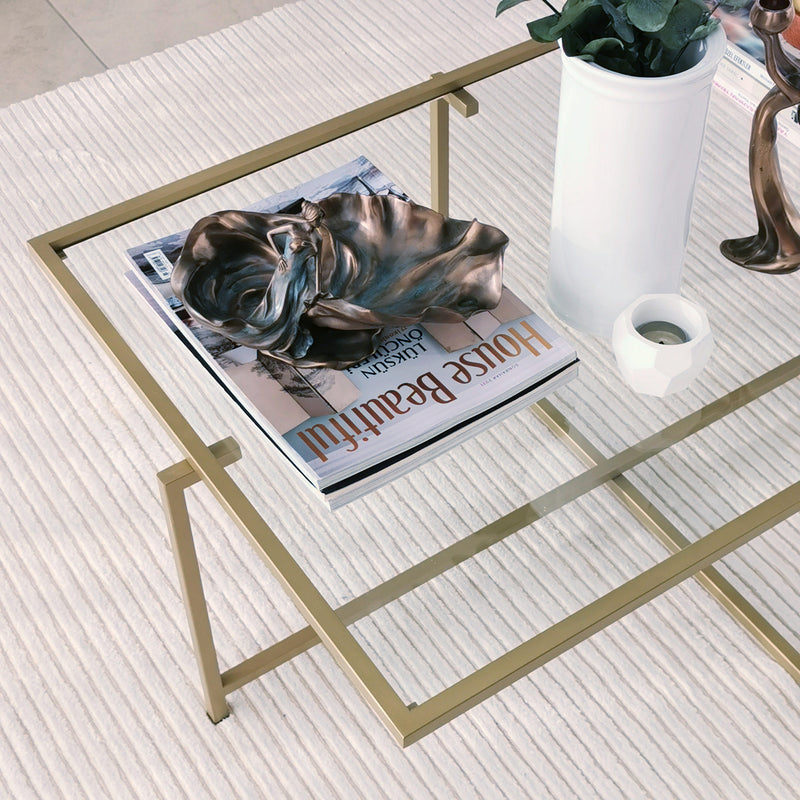Tavolino design rettangolare basso in metallo dorato e vetro cm 94x64x35h