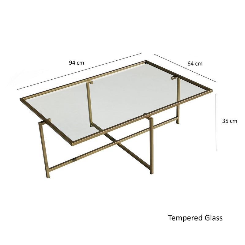 Tavolino design rettangolare basso in metallo dorato e vetro cm 94x64x35h