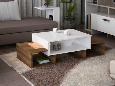 Tavolino da salotto in stile moderno in legno color bianco opaco e finitura naturale opaco, 3 ripiani con 3 vani a giorno. Dimensioni cm 103x60x39h