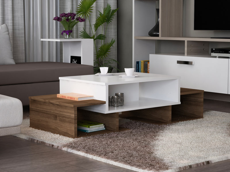 Tavolino 3 ripiani design da salotto in legno con vani a giorno cm 103x60x39h