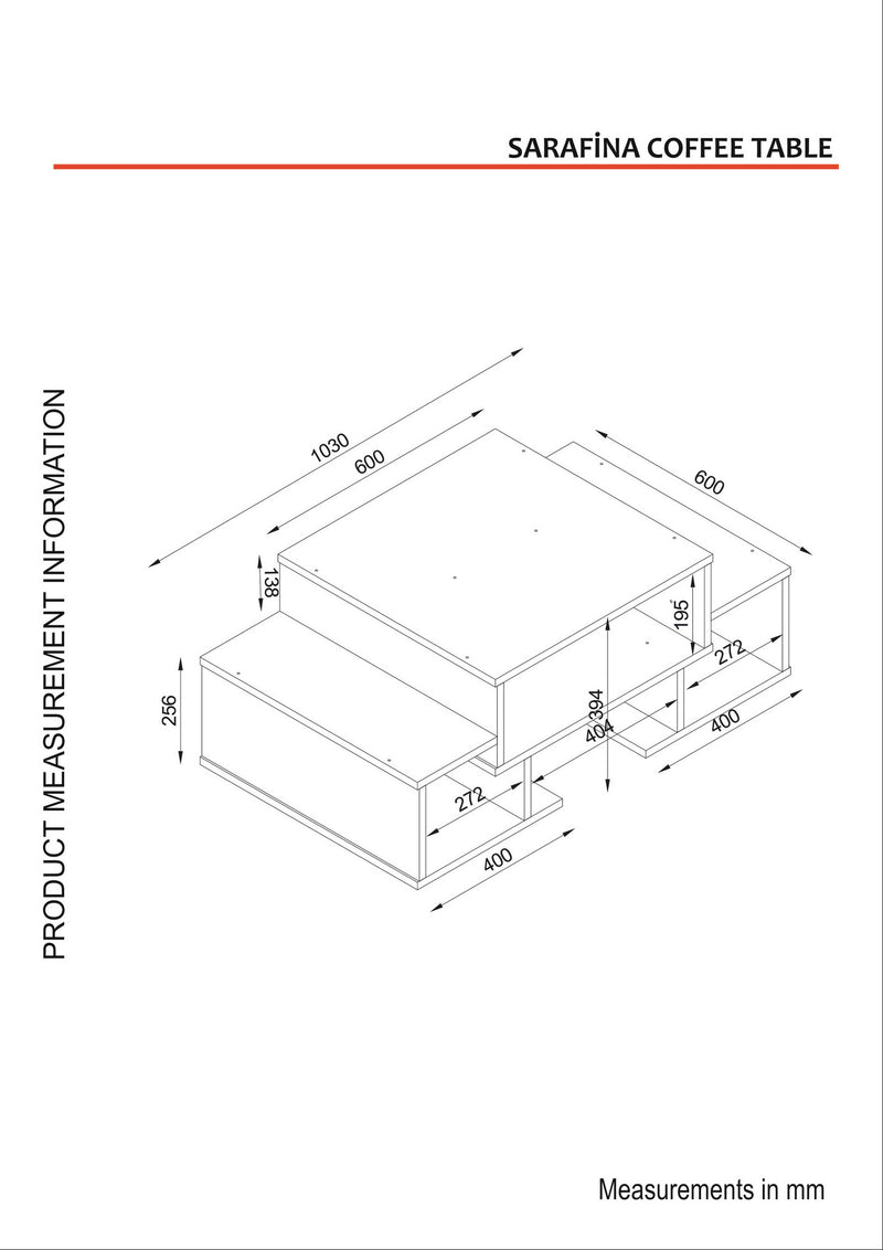 Tavolino 3 ripiani design da salotto in legno con vani a giorno cm 103x60x39h