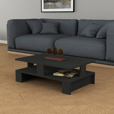 Tavolino in stile moderno dal design geometrico in legno color antracite scuro opaco con vano a giorno centrale bifacciale, dimensioni cm 80x50x28h