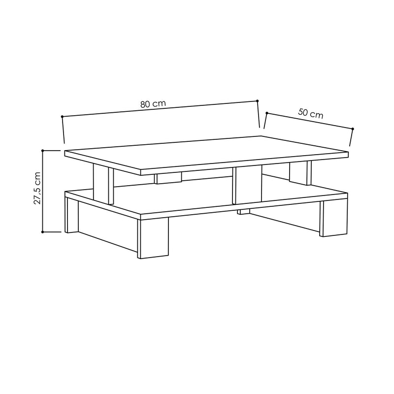 Tavolino bifacciale da salotto design geometrico in legno con vano a giorno cm 80x50x28h