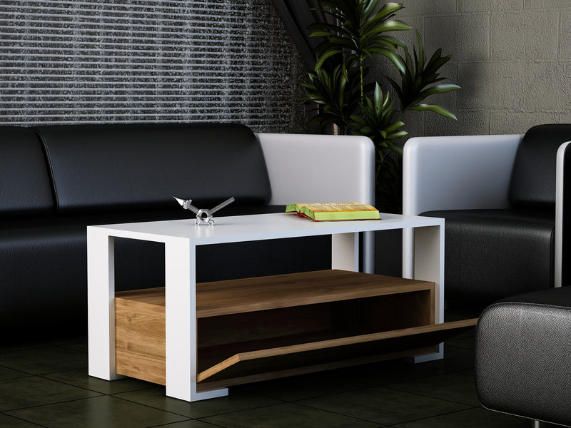 Tavolino design da soggiorno basso con anta in legno bianco e rovere cm 90x44x40h
