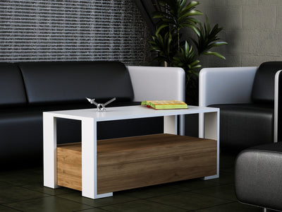 tavolino moderno da salotto basso struttura in legno bianco contenitore rovere con anta a rbalta