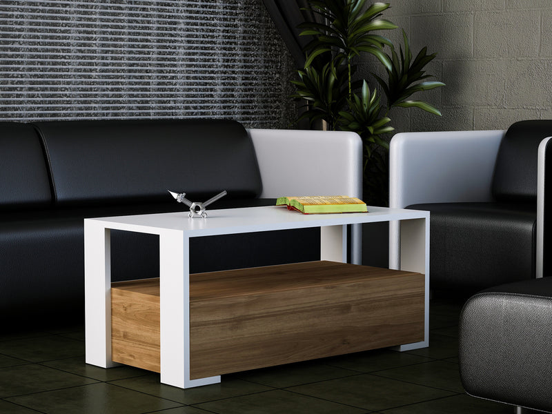 tavolino moderno da salotto basso struttura in legno bianco contenitore rovere con anta a rbalta