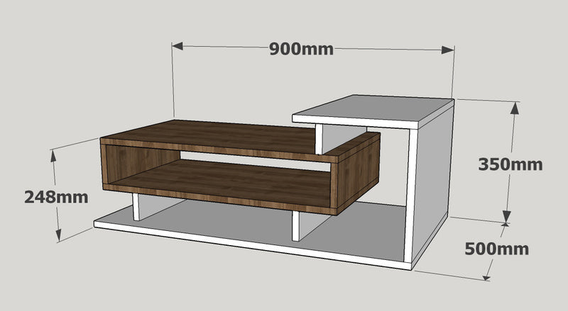 Tavolino design da salotto basso in legno bianco e noce cm 90x50x35h