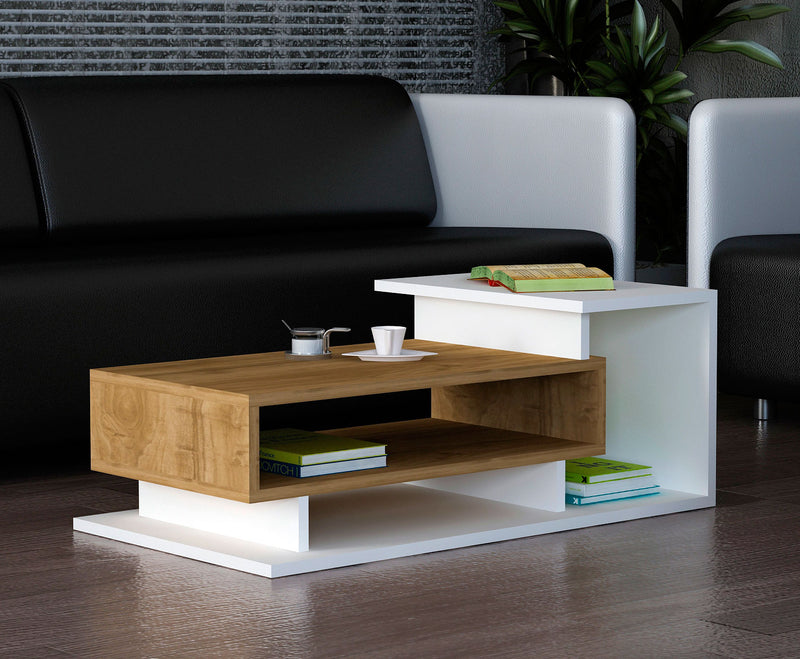 tavolino basso da salotto design legno bianco e noce