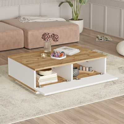 Tavolino da salotto basso con 2 vani colore bianco e naturale cm 90x60x28h