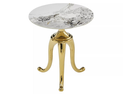 Tavolino elegante gamba dorata con 3 piedi e piano tondo in ceramica cm 48x55h