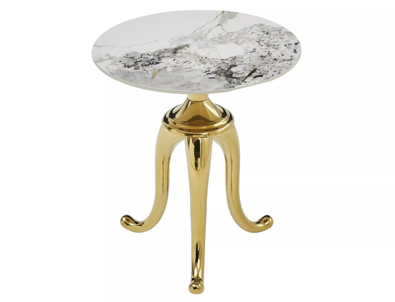Tavolino elegante gamba dorata con 3 piedi e piano tondo in ceramica cm 48x55h