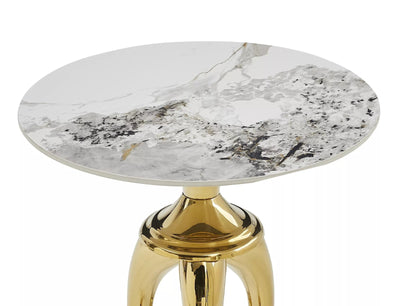 Tavolino elegante gamba dorata con 3 piedi e piano tondo in ceramica cm 48x55h