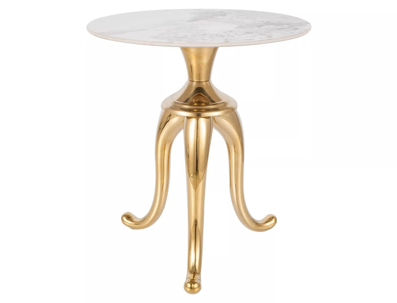 Tavolino elegante gamba dorata con 3 piedi e piano tondo in ceramica cm 48x55h