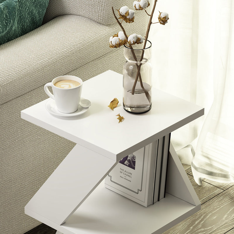Tavolino salotto moderno colore bianco design geometrico 2 vani cm 30x30x50h