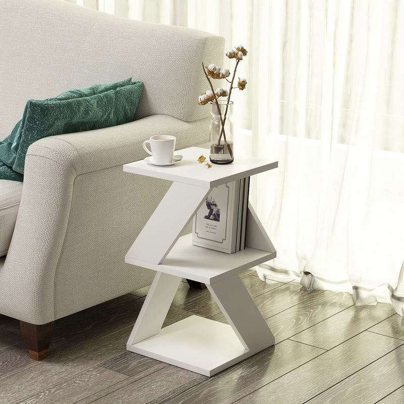 tavolino da salotto in legno bianco con 2 vani design geometrico