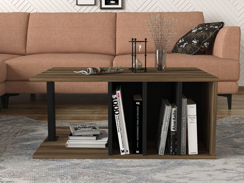 Tavolino salotto moderno vani porta riviste in legno noce e nero cm 90x60x40h