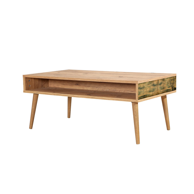 Tavolino da caffè con vano in legno colore naturale decorato cm 110x60x45h