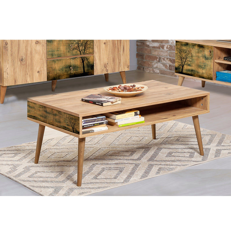 tavolino da salotto rettangolare con vano laterali decorati in legno colore pino atlantico