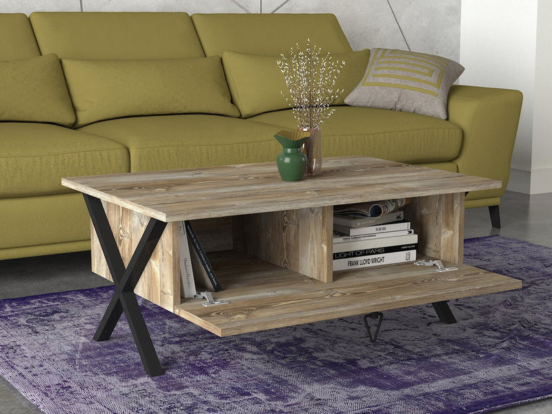 Tavolino da salotto con anta a ribalta in legno e metallo cm 90x60x38h
