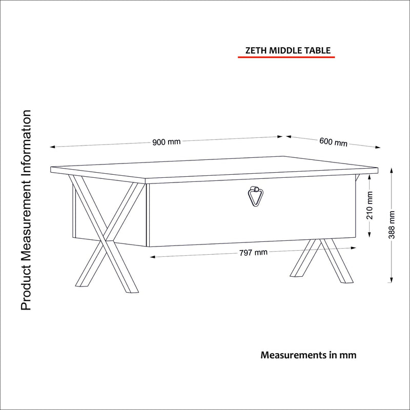 Tavolino da salotto con anta a ribalta in legno e metallo cm 90x60x38h