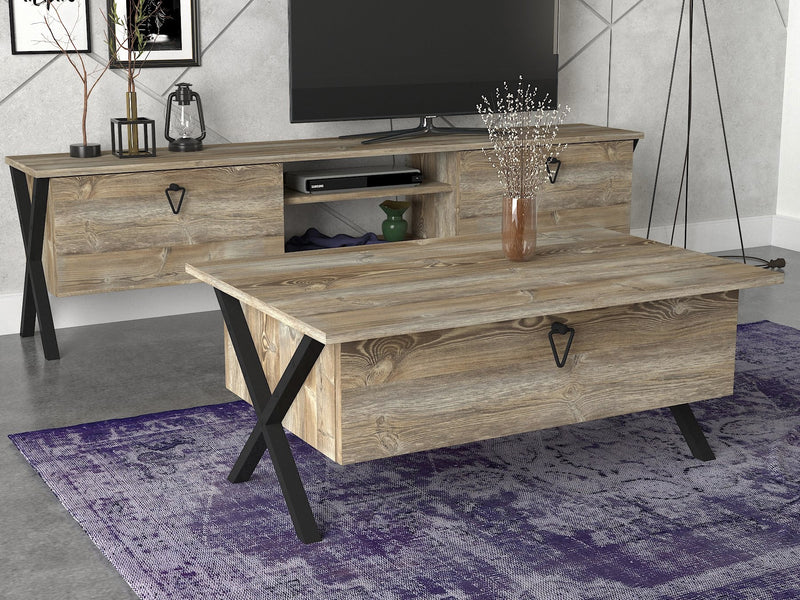 tavolino da salotto basso con anta a ribalta inlegno rovere vintage e sostegni laterali ad incrocio in metallo nero