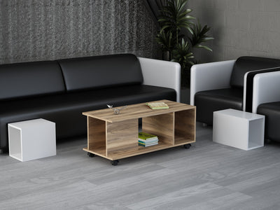 Tavolino soggiorno moderno con ruote e cubi estraibili rovere e bianco cm 100x45x44h