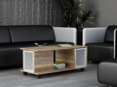 tavolino da caffè moderno in legno colore rovere con ruote e 2 cubi estraibili colore bianco