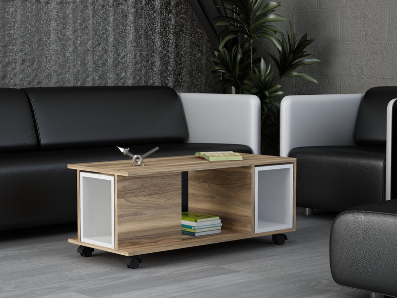 tavolino da caffè moderno in legno colore rovere con ruote e 2 cubi estraibili colore bianco