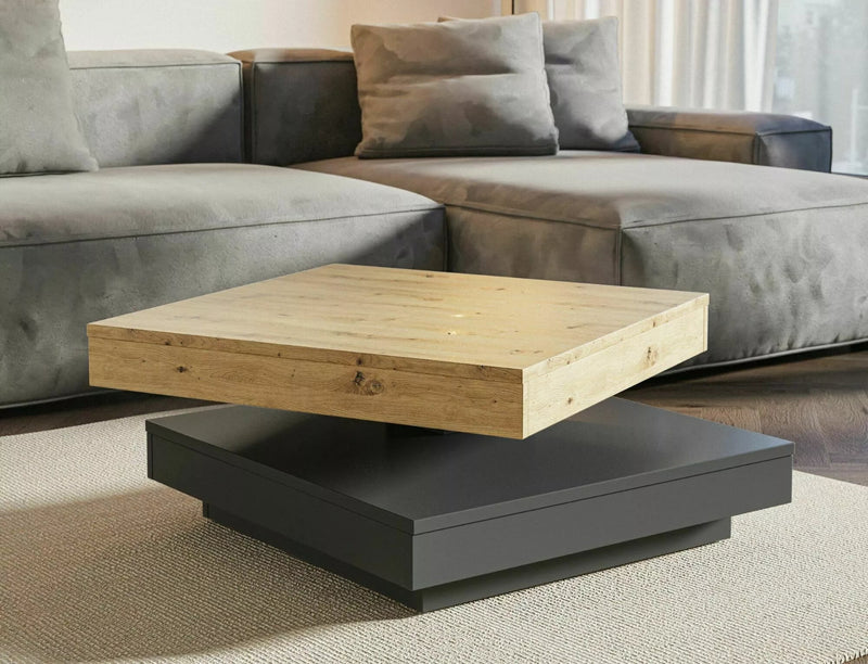 Tavolino quadrato da salotto bicolore rovere e antracite con piano girevole cm 67x67x33h
