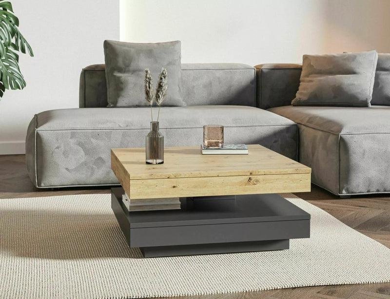 Tavolino quadrato da salotto bicolore rovere e antracite con piano girevole cm 67x67x33h