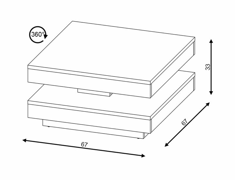 Tavolino quadrato da salotto bicolore rovere e antracite con piano girevole cm 67x67x33h