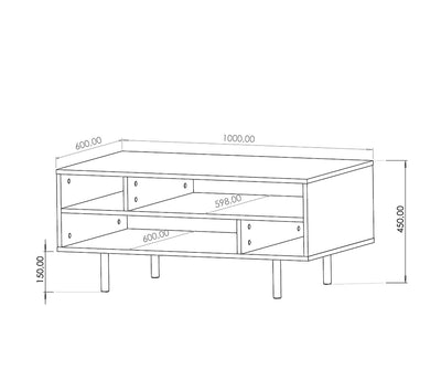 Tavolino da caffè basso bifacciale con 4 vani colore nero piedi in metallo dorato cm 100x60x45h