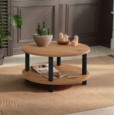 tavolino basso tondo in legno naturale colonnine e piedini antracite