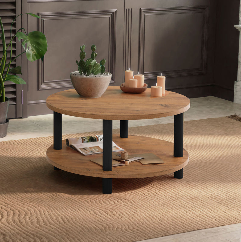 tavolino basso tondo in legno naturale colonnine e piedini antracite