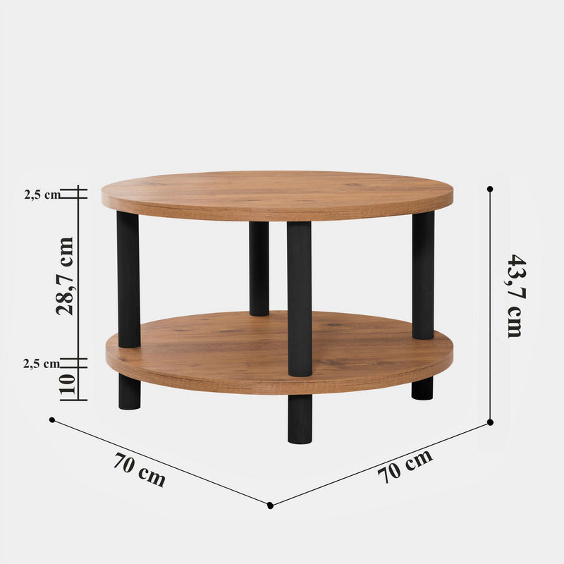 Tavolino basso rotondo con ripiano in legno naturale e antracite cm 70x43h