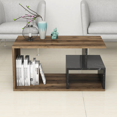 Tavolino design salotto colore noce e marmo nero cm 90x54x42h