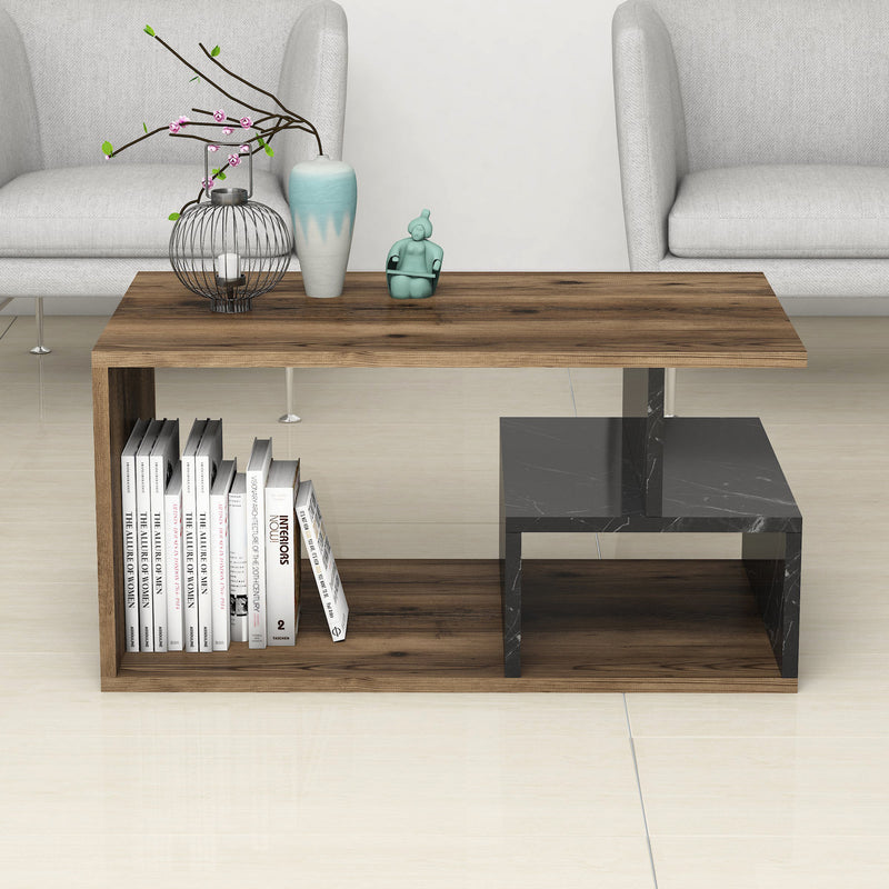 Tavolino design salotto colore noce e marmo nero cm 90x54x42h