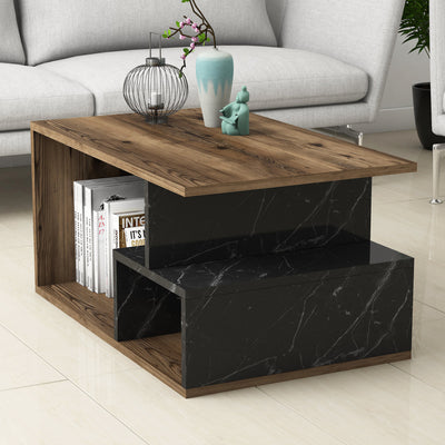 Tavolino design salotto colore noce e marmo nero cm 90x54x42h